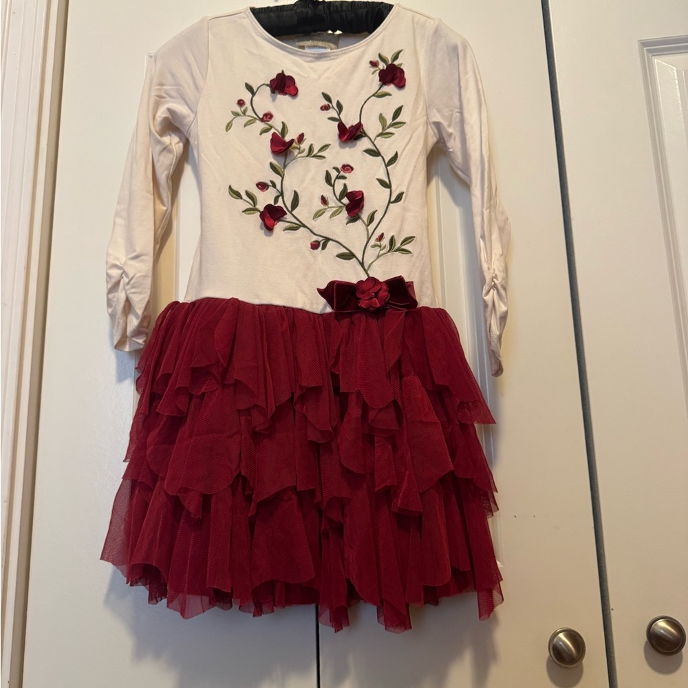 Biscotti Girls XL 7/8 Red Floral Tiered Tulle Long Sleeve Holiday Party Dress